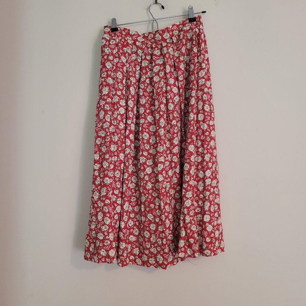 Vintage Floral Midi Skirt Red White Southern Lady Made in USA